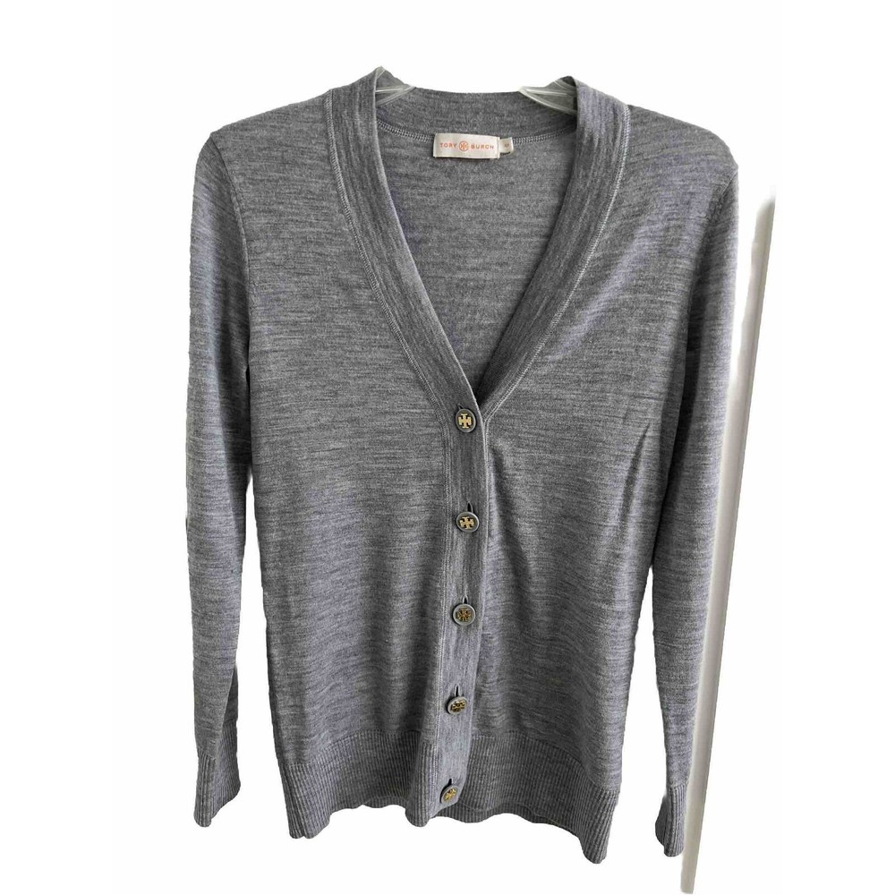 EUC Tory Burch Gray 100% Wool Gold Logo Buttons Cardigan Sz Small